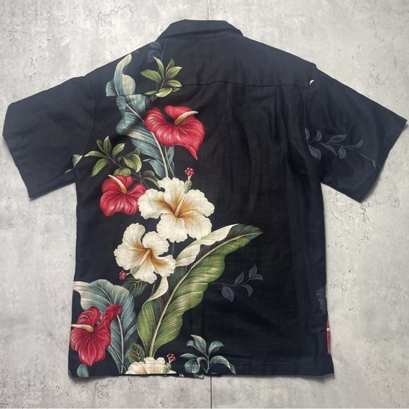 Vtg 60s Iolani Hawaiian Shirt Single Stitch Shoulder Pad Mens Small Black Floral - Picture 3 of 7